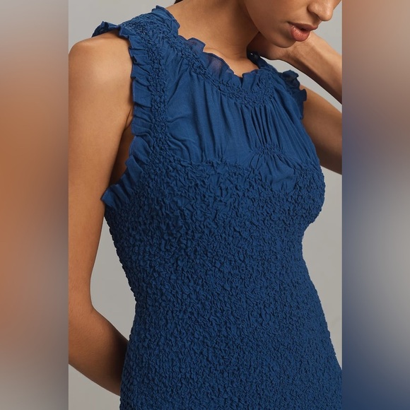NWT! By Anthropologie Blue Ruffle-Trim Textured Mini Dress - Size Small 🏀 - Picture 3 of 5